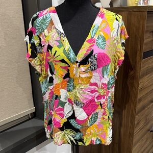 Vibrant Tropical Print Blouse L